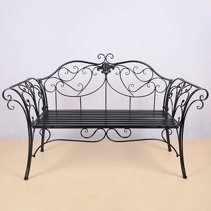 52" Patio Garden Bench, Outdoor Retro Park Benches, Metal Bench Chair 2 Seaters with Backrest and Armrest, for Yard, Porch, Lawn, Backyard, Assembly Max 250kg (Color : Black)