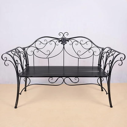 52" Patio Garden Bench, Outdoor Retro Park Benches, Metal Bench Chair 2 Seaters with Backrest and Armrest, for Yard, Porch, Lawn, Backyard, Assembly Max 250kg (Color : Black)