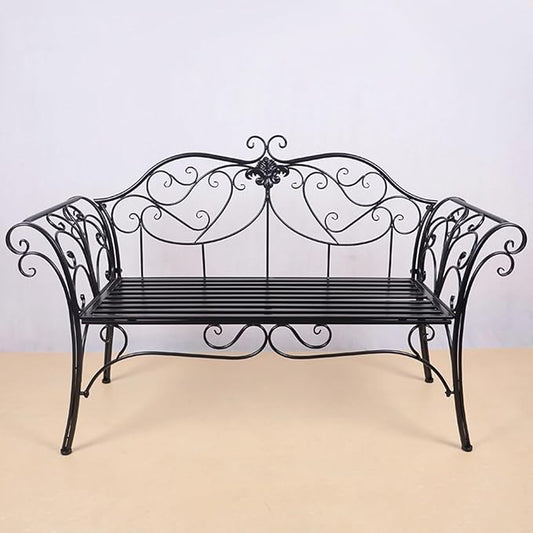 52" Patio Garden Bench, Outdoor Retro Park Benches, Metal Bench Chair 2 Seaters with Backrest and Armrest, for Yard, Porch, Lawn, Backyard, Assembly Max 250kg (Color : Black)