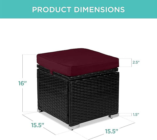Best Choice Products Set of 2 Wicker Ottomans, Multipurpose Outdoor Furniture for Patio, Backyard, Additional Seating, Footrest, Side Table w/Storage, Removable Cushions - Deep Burgundy/Black