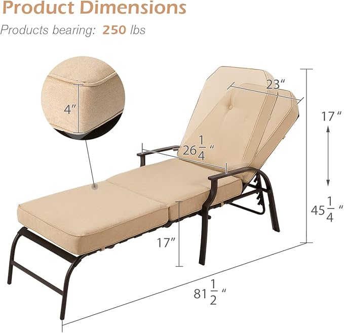 U-MAX Adjustable Outdoor Chaise Lounge Chair Patio Lounge Chair Recliner Furniture with Armrest and Cushion for Deck, Poolside, Backyard (Beige, 1 PC)