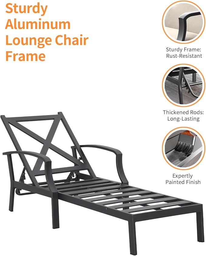 3 Pieces Outdoor Chaise Lounge Set, Aluminum Pool Lounge Chairs with Side Table, Patio Lounge Chairs with Gray Cushions, Outdoor Lounger Pool Furniture Set for Poolside, Beach, Yard, Gunmetal