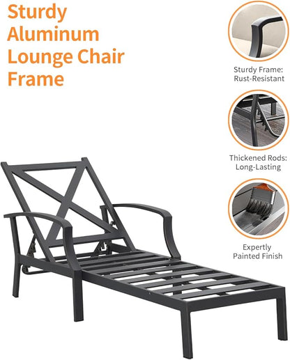 3 Pieces Outdoor Chaise Lounge Set, Aluminum Pool Lounge Chairs with Side Table, Patio Lounge Chairs with Gray Cushions, Outdoor Lounger Pool Furniture Set for Poolside, Beach, Yard, Gunmetal