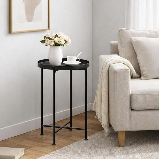 HollyHOME Small Round Metal Waterproof End Table, Accent Indoor&Outdoor Coffee Side Table, Snack Sofa Table for Living Room, Anti-Rust Decorative Plant Stand, (D) 14.5" x (H) 25", Black
