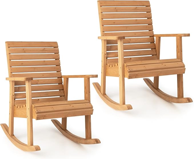 Giantex Wood Rocking Chair Outdoor - Outside Rocker with High Backrest, Wide Armrests, 330 Lbs Weight Capacity, Patio Rocking Chairs for Lawn, Backyard, Indoors, Deck, Garden, Porch Chair (2, Natural)