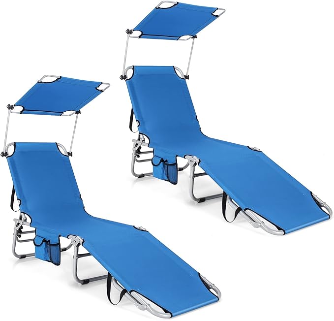 Tangkula Outdoor Folding Chaise Lounge Chair, 5-Fold Reclining Beach Chair, Patio Recliner Chair w/ 360° Canopy Shade & Side Storage Pocket, Portable Chaise Lounge for Beach, Sunbathing (2, Navy)