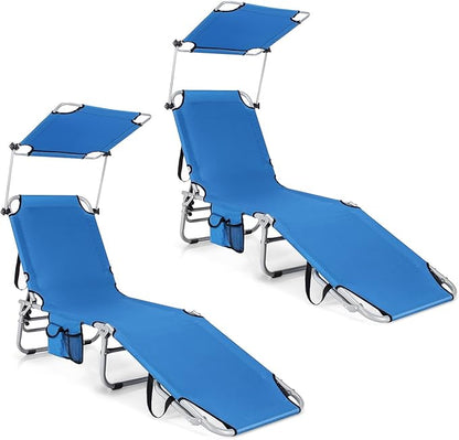 Tangkula Outdoor Folding Chaise Lounge Chair, 5-Fold Reclining Beach Chair, Patio Recliner Chair w/ 360° Canopy Shade & Side Storage Pocket, Portable Chaise Lounge for Beach, Sunbathing (2, Navy)