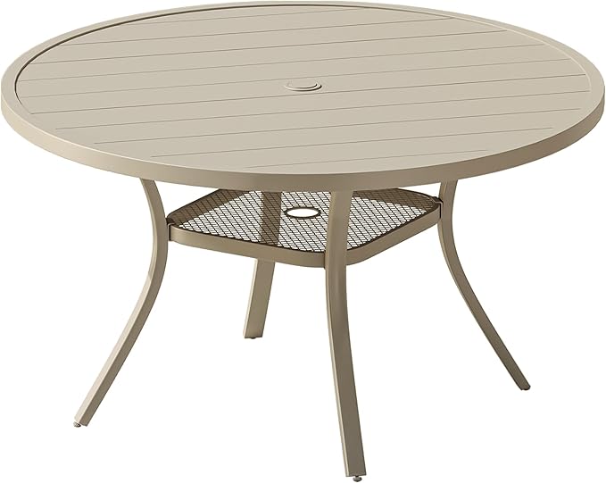 Patio Dining Table for 4-6, Round Metal Outdoor Table with 1.57" Umbrella Hole, 47" Outdoor Slat Tabletop Dining Table for Backyard, Porch, Lawn, Sand