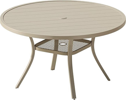 Patio Dining Table for 4-6, Round Metal Outdoor Table with 1.57" Umbrella Hole, 47" Outdoor Slat Tabletop Dining Table for Backyard, Porch, Lawn, Sand