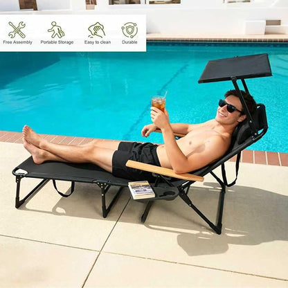 Folding Lounge Chairs for Outside, Beach Patio Lounge Chair with Canopy, Sunbathing/Tanning Chair with 4 Adjustable Backrest & Cup & Pillow,Holds 330 Lb, Outdoor Garden Pool