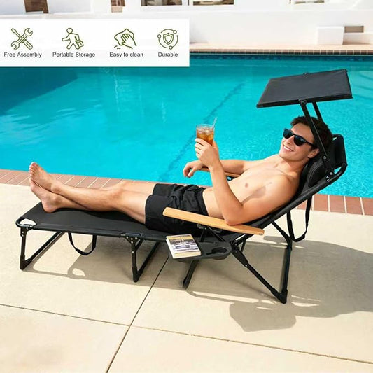 Folding Lounge Chairs for Outside, Beach Patio Lounge Chair with Canopy, Sunbathing/Tanning Chair with 4 Adjustable Backrest & Cup & Pillow,Holds 330 Lb, Outdoor Garden Pool