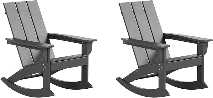 WestinTrends Ashore Patio Rocking Chairs Set of 2, All Weather Poly Lumber Plank Adirondack Rocker Chair, Modern Farmhouse Outdoor Rocking Chairs for Porch Garden Backyard and Indoor, Gray