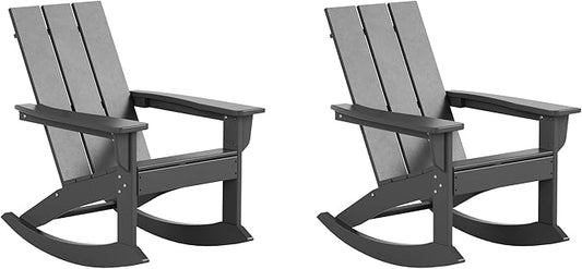 WestinTrends Ashore Patio Rocking Chairs Set of 2, All Weather Poly Lumber Plank Adirondack Rocker Chair, Modern Farmhouse Outdoor Rocking Chairs for Porch Garden Backyard and Indoor, Gray