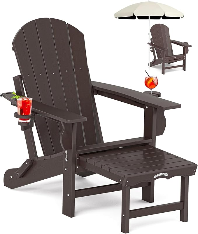 Folding Adirondack Chair with Ottoman, Recyclable HDPE Adirondack Patio Chair with 2 Cup Holder, Outdoor Fire Pit Chairs with Pull Out Footrest, Weather Resistant for Garden, Deck, Poolside, Brown