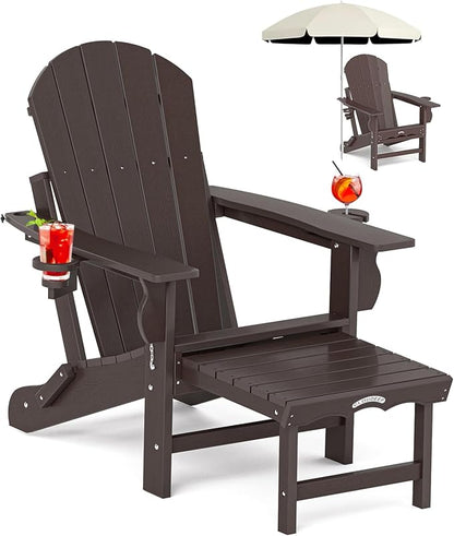 Folding Adirondack Chair with Ottoman, Recyclable HDPE Adirondack Patio Chair with 2 Cup Holder, Outdoor Fire Pit Chairs with Pull Out Footrest, Weather Resistant for Garden, Deck, Poolside, Brown