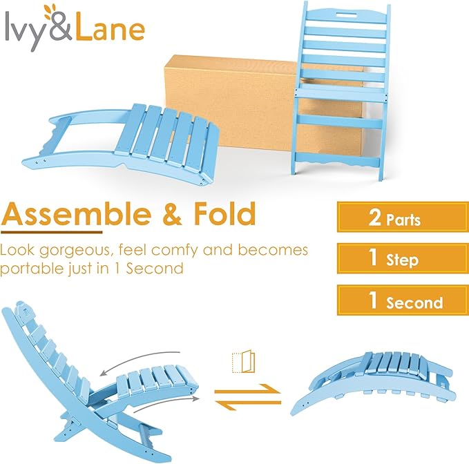 IVY&LANE Portable Xavier-Chairs Set of 2 | Folding-Adirondack-Chair | Wave | HDPE Plastic | Limited Edition | Arctic | All-Weather Resistant | for Outdoor Fire-Pit Patio Lawn Beach Poolside