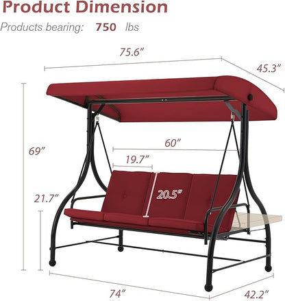 AECOJOY 3-Seat Outdoor Porch Swing with Adjustable Backrest and Canopy, Patio Swing w/Removable Cushions Outdoor Swing Bed for Porch, Backyard, Poolside, Burgundy