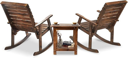 3 Piece Wood Rocking Chair with Table, Outdoor Bistro Set High Back Rocker Table Set, Wood Rocking Chair Set with Coffee Table Wooden Rocker for Deck, Garden, Backyard, Porch