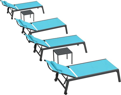 PURPLE LEAF Outdoor Oversized Lounge Chair Set Patio Chaise Pool Lounger Aluminum Frame with 2 Side Table and Wheels for Outside Sunbathing Tanning Recliner Including Pillows Turquoise Blue