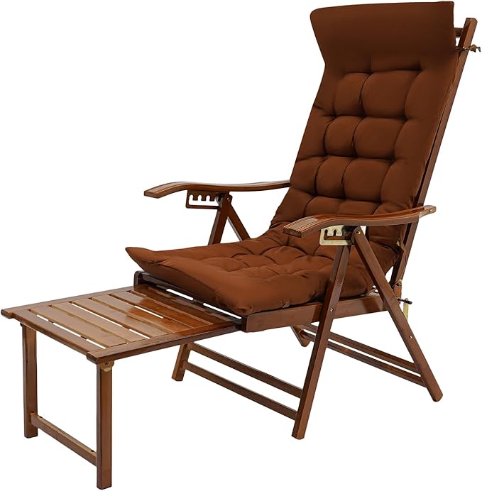 Foldable Bamboo Lounger Chair, Adjustable Back Patio Reclining Chair with Cushion & Massage Hammer, Foldable Outdoor Chaise Lounge Chair for Backyard Yard Pool Beach Load Capacity 440Lbs