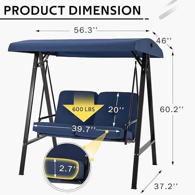 AECOJOY 2-Seat Outdoor Patio Swing Chair with Adjustable Canopy, Porch Swings Chairs for Adult - Photo 3