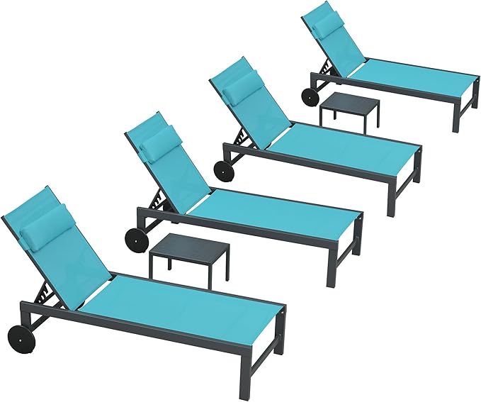 PURPLE LEAF Patio Lounge Chair Set Outdoor Chaise Lounger Aluminum Frame with 2 Side Table and Wheels for Pool Outside Sunbathing Tanning Recliner Including Pillows Turquoise Blue