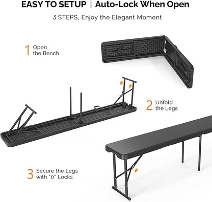 VINGLI 6 feet Plastic Folding Bench,Portable in/Outdoor Picnic Party Camping Dining Seat, Garden Soccer Multipurpose Entertaining Activities, Smooth HDPE Tabletop (1, Black, 6ft)