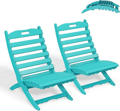 GREENVINES Folding-Xavier-Chairs Set of 2 | Wave | Portable Adirondack-Chair | HDPE Plastic | All Weather Fire-Pit Chair | Aqua | for Beach Outdoor Deck Poolside Garden Patio Porch Fishing