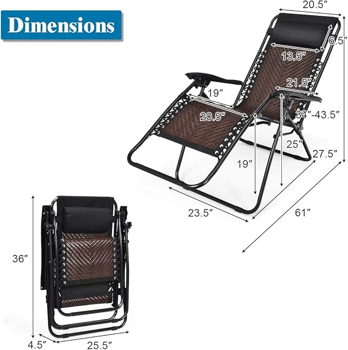 Tangkula Patio Rattan Zero Gravity Lounge Chair, Outdoor Folding Lounge Chair w/Removable Head Pillow - Photo 3