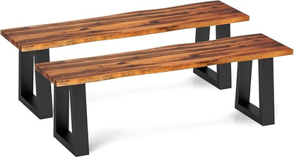 Tangkula Acacia Wood Outdoor Bench, Heavy Duty 2 Person Patio Backless Dining Bench with Metal Frame & Adjustable Foot Pads, Outside Bench for Poolside, Front Porch, Deck (2)