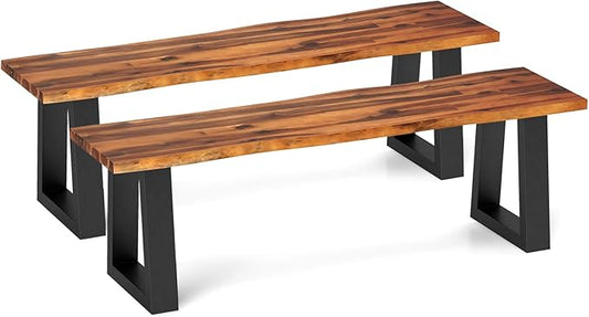 Tangkula Acacia Wood Outdoor Bench, Heavy Duty 2 Person Patio Backless Dining Bench with Metal Frame & Adjustable Foot Pads, Outside Bench for Poolside, Front Porch, Deck (2)