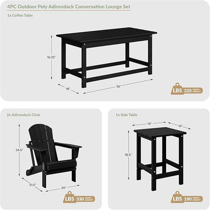 Costaelm 4-Piece Set Outdoor/Patio Poly Adirondack Chairs with a Coffee and a Side Table (2 Seater), Black