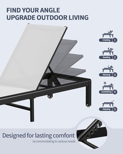 Aluminum Lounge Chairs Outdoor Chaise Furniture,2 Sets Patio Metal Deck Lounger Adjustable 5-Position Poolside Chase Recliner with Wheels for Beach,Coffee Table, (White, 2 Chairs)
