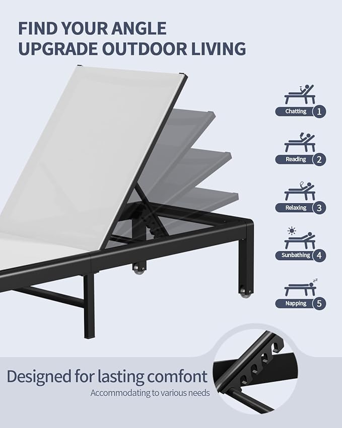 Aluminum Outdoor Chaise Lounge Chairs, Patio Metal Deck Lounger 5-Position Adjustable Backrest Chase Recliner with Wheels, Waterproof Outside Sun Tanning Chair for Pool/Garden/Beach, White