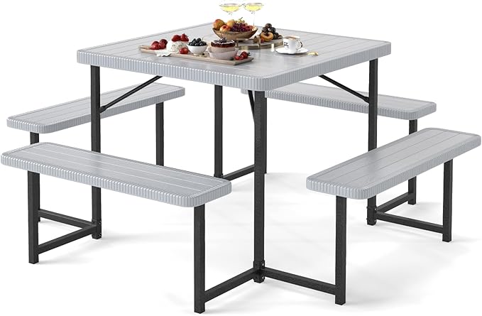 Giantex Picnic Table Bench Set for 4-8 People, 34" Outdoor Square Dining Table & 2 Benches w/Umbrella Hole - Photo 1