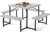 Giantex Picnic Table Bench Set for 4-8 People, 34" Outdoor Square Dining Table & 2 Benches w/Umbrella Hole - Photo 1