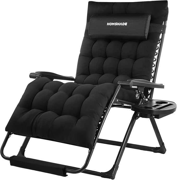 HOMSHADE XXL Zero Gravity Chair with Cushion, 33In Oversized Zero Gravity Lounge Chair, Patio Outdoor Recliner Chair for Indoor Outdoor with Headrest, Cup Holder, Footrest Support 500Lbs, Black