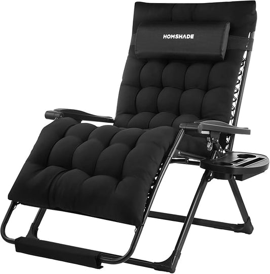 HOMSHADE XXL Zero Gravity Chair with Cushion, 33In Oversized Zero Gravity Lounge Chair, Patio Outdoor Recliner Chair for Indoor Outdoor with Headrest, Cup Holder, Footrest Support 500Lbs, Black