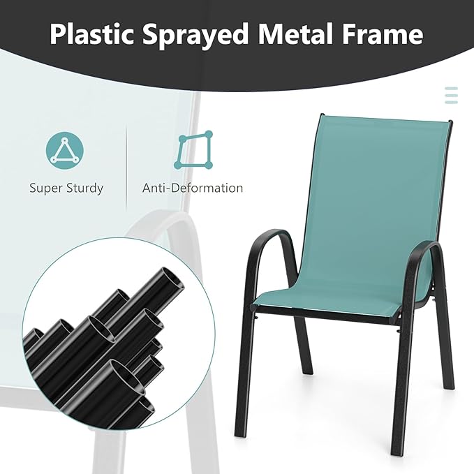 COSTWAY Patio Dining Chairs Set of 2, Stackable Outdoor Chairs with Armrest and High Back, Breathable Fabric & Metal Frame Chair for Garden Poolside Backyard Deck (Turquoise)