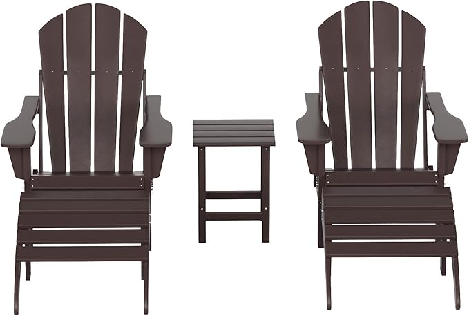 WestinTrends Malibu Outdoor Lounge Chairs Set, 5-Pieces Adirondack Chair Set of 2 with Ottoman and Side Table, All Weather Poly Lumber Patio Lawn Folding Chair for Outside, Dark Brown