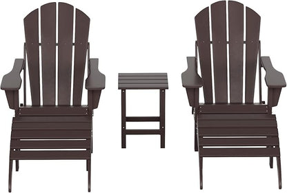 WestinTrends Malibu Outdoor Lounge Chairs Set, 5-Pieces Adirondack Chair Set of 2 with Ottoman and Side Table, All Weather Poly Lumber Patio Lawn Folding Chair for Outside, Dark Brown