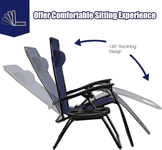 Folding Zero Gravity Reclining Textilene Lounge Chairs, Outdoor Adjustable Patio w/Pillows & Cup Holder Trays for Backyard, Beach, Poolside (NY)