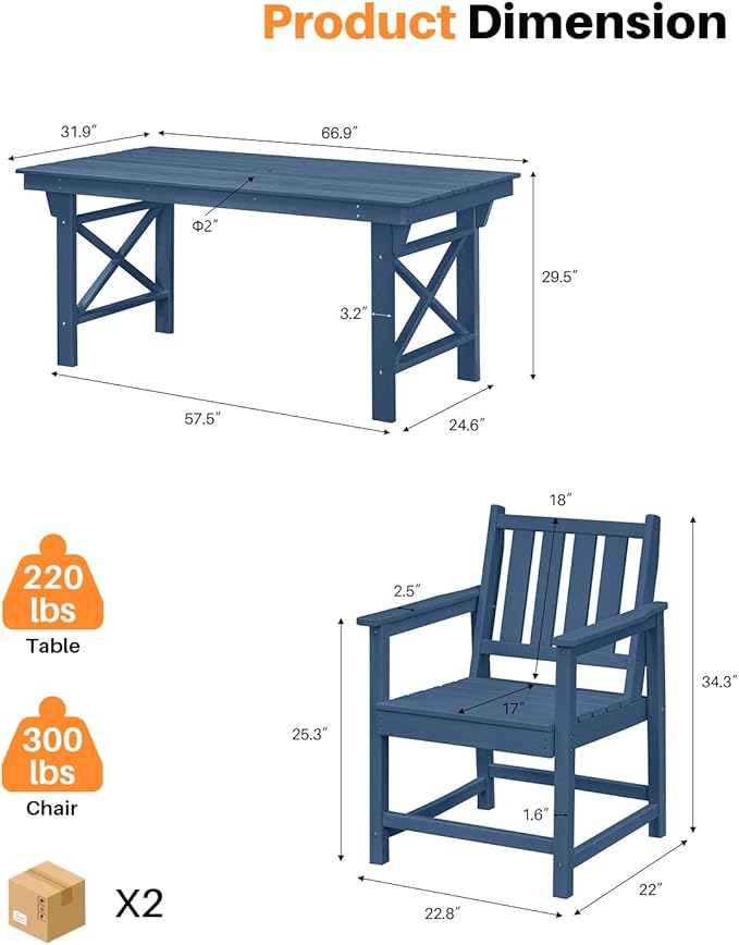 5 Pieces HDPE Patio Dining Set, Outdoor Table and Chairs with Umbrella Hole, Modern Outdoor Dining Set for 4 - Photo 4
