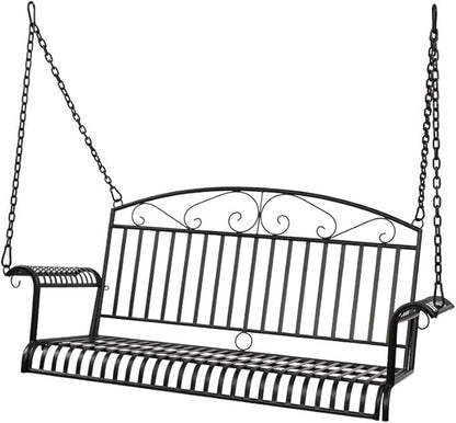 Porch Swing Hanging Bench Metal Porch Swing Outdoor Patio Furniture Iron Swing Chair Heavy Duty Steel Black Porch Swing Hanging Chair Porch Swings for Garden, Yard, Deck, Backyard(Not Included Stand)