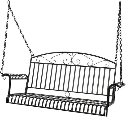 Porch Swing Hanging Bench Metal Porch Swing Outdoor Patio Furniture Iron Swing Chair Heavy Duty Steel Black Porch Swing Hanging Chair Porch Swings for Garden, Yard, Deck, Backyard(Not Included Stand)