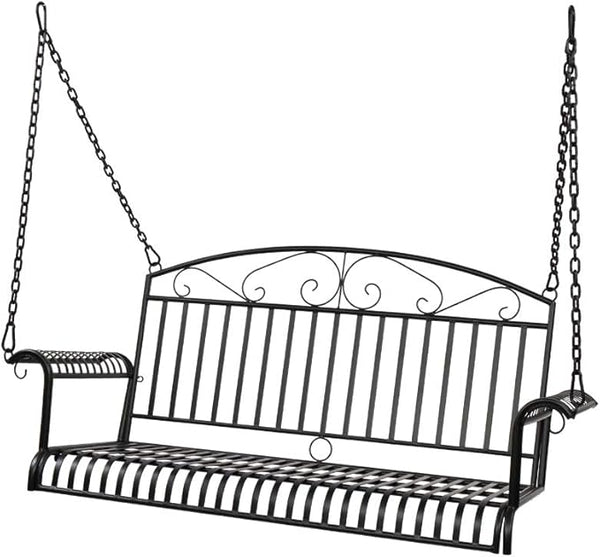 Porch Swing Hanging Bench Metal Porch Swing Outdoor Patio Furniture Iron Swing Chair Heavy Duty Steel Black Porch Swing Hanging Chair Porch Swings for Garden, Yard, Deck, Backyard(Not Included Stand)