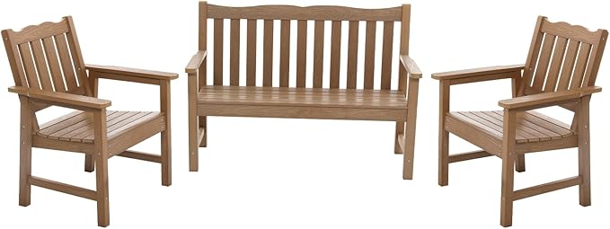 Stoog All-Weather Garden Bench & Chairs Set, 3-Piece Patio Furniture Set, Include 2 Outdoor Chairs and 1 Outdoor Bench, Teak