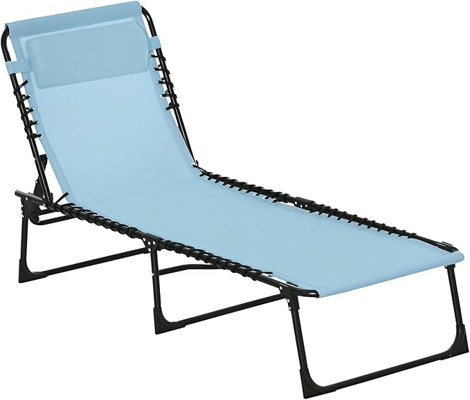 Outsunny Folding Chaise Lounge Chair, Patio Sun Tanning Chair, Outdoor Chaise Lounger with 4-Position Reclining Back, Breathable Mesh Seat for Beach, Poolside, Yard, Baby Blue