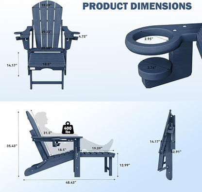 Mdeam 3-Level Adjustable Adirondack Chair with Retractable Ottoman, HDPE All-Weather Folding Fire Pit Chair with 2 Cup Holders, Outdoor Chair for Deck Patio Garden Backyard Lawn (Navy Blue)
