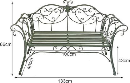 Outdoor Metal Garden Bench Chair Doubel Seat with Decorative Cast Iron Backrest, Balcony Park Bench, for Garden, Yard, Patio, Porch and Sunroom (Color : Green)